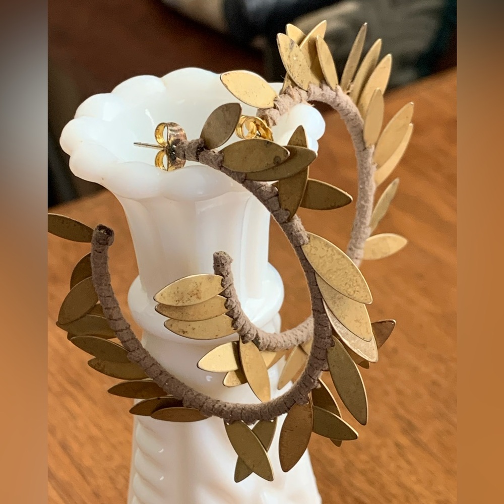 Leather & Brass Fringe Large Hoop Earrings - Picture 2 of 7